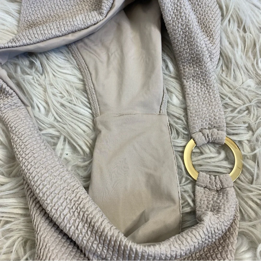Monday Swimwear Taupe Grey Crinkle Gold Ring Bikini Bottoms